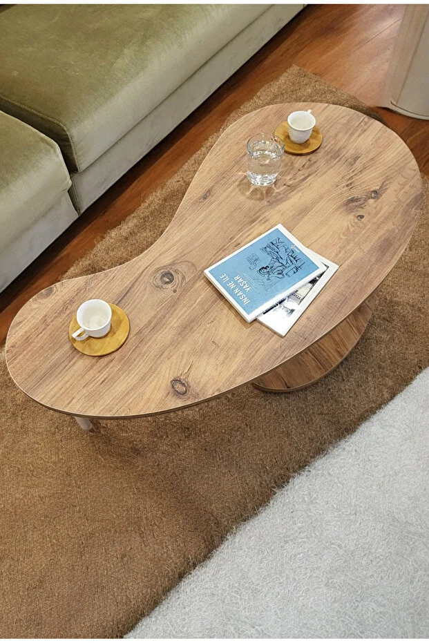 Fasülye Orta Sehpa Ahşap Ayaklı Sehpa Iki Raflı Sehpa Dekoratif Sehpa Gazetelikli - Çam